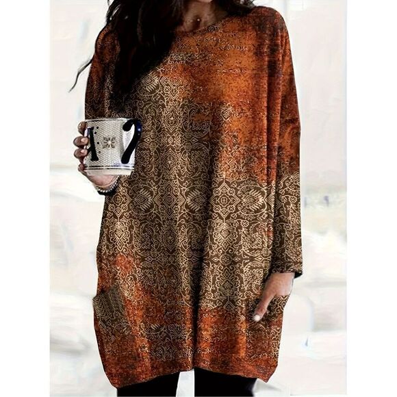 Exclusive Mandala Print Tunic Dress in Rust Long Sleeve Shift Pockets M - Picture 2 of 12